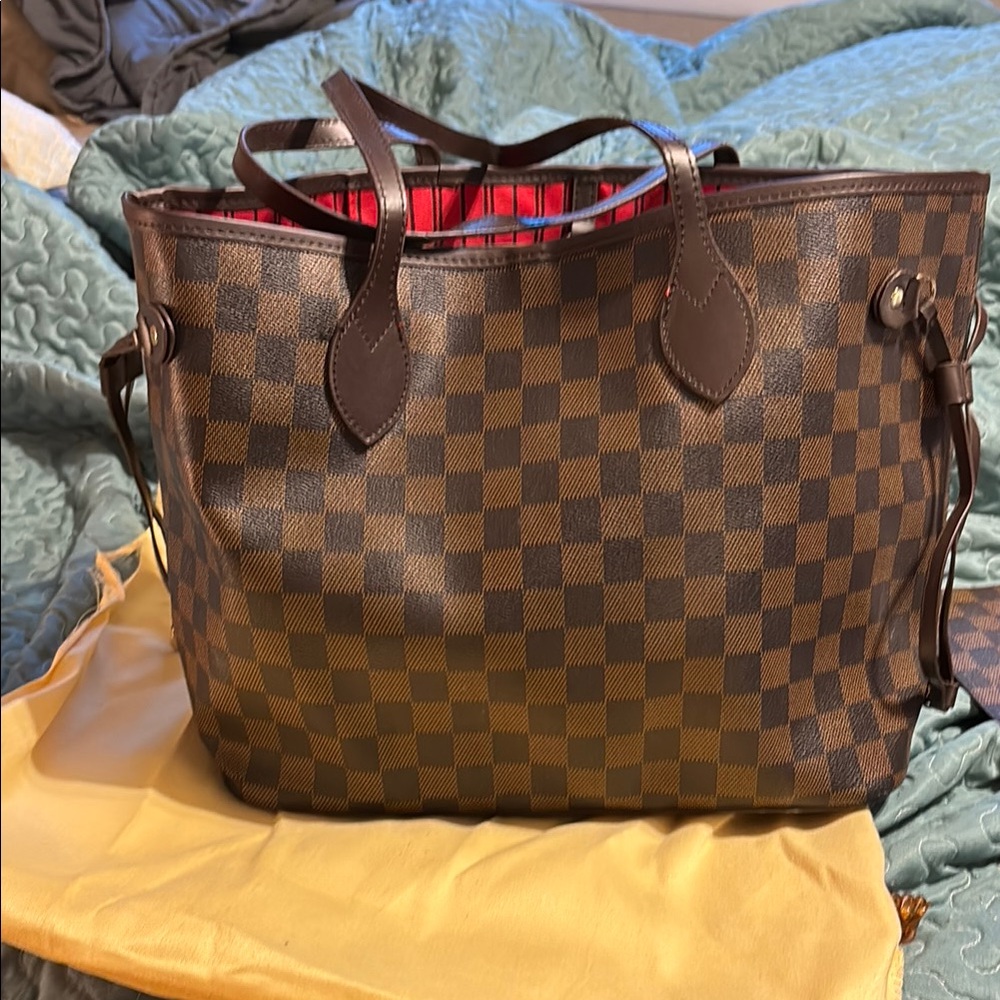 Designer-Style Brown Check Tote Bag with Red Interior